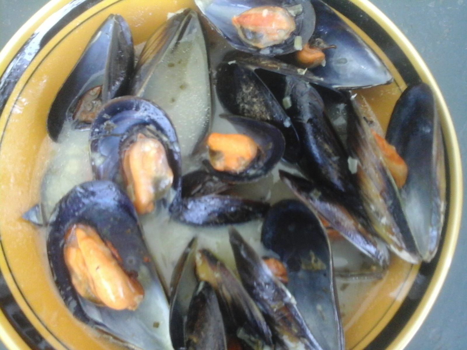 Mussels cooked in a pale broth, served in a yellow-rimmed bowl
