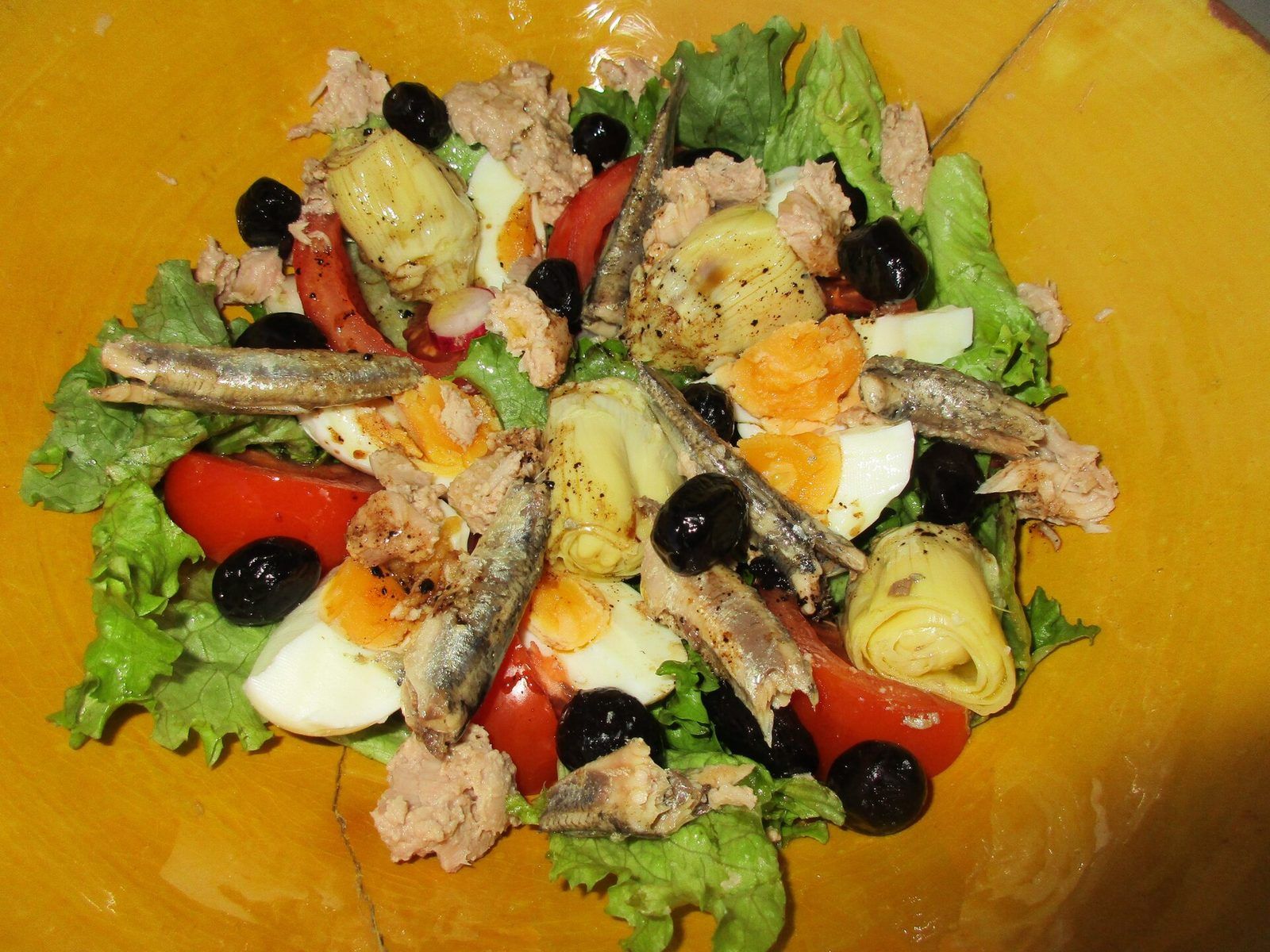 Salade niçoise with tuna, anchovies, hard-boiled eggs, raw artichokes, tomatoes and black olives on lettuce